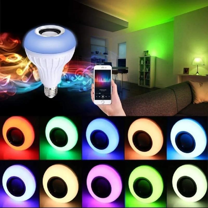 Foco bocina Bluetooth multicolor Rgb LED con control remoto.