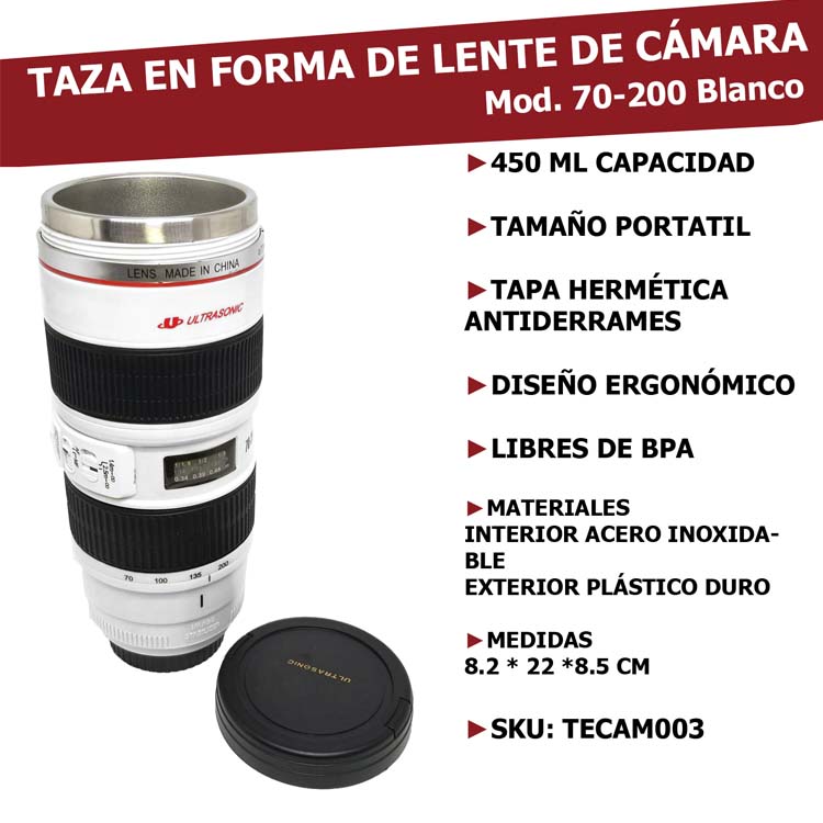 FASHION ELECTRONICS Termo Taza  en Forma de Lente de Cámara de Acero Inoxidable Mod 70-200 Blanco