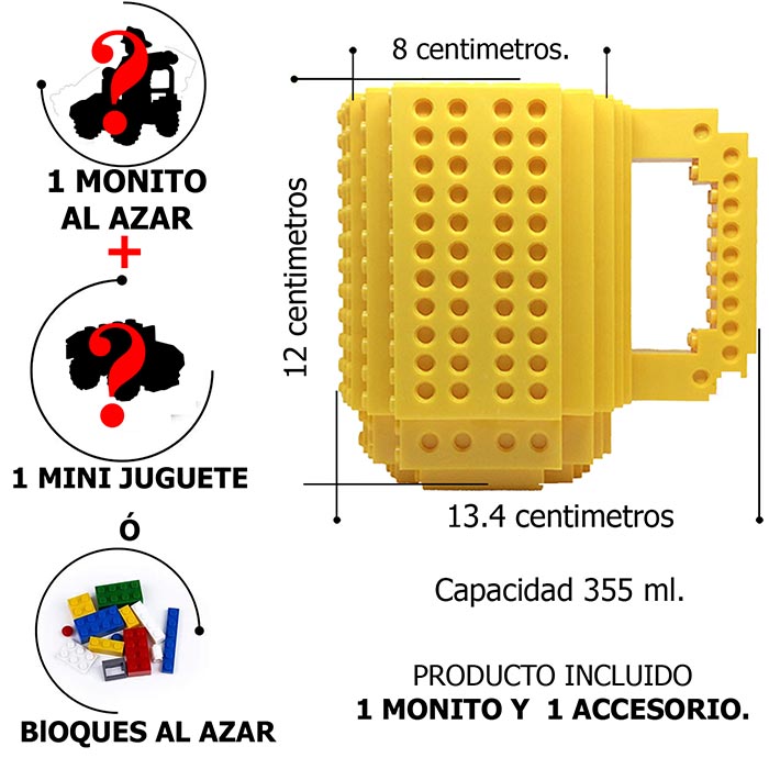 Taza para café, Fashion Electronics TAZA con bloques de construcción de diferentes colores (incluye al azar 1 personaje o 1 carrito o bloques de construcción) Amarilla