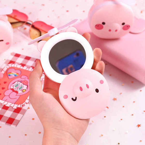 Mini espejo Puerquito Ventilador Espejo Con Luz Recargable Color Rosa