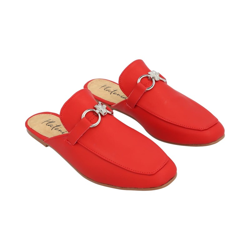 Flat Mule Tipo Mocasín Punta Cuadrada Para Mujer Color Rojo
