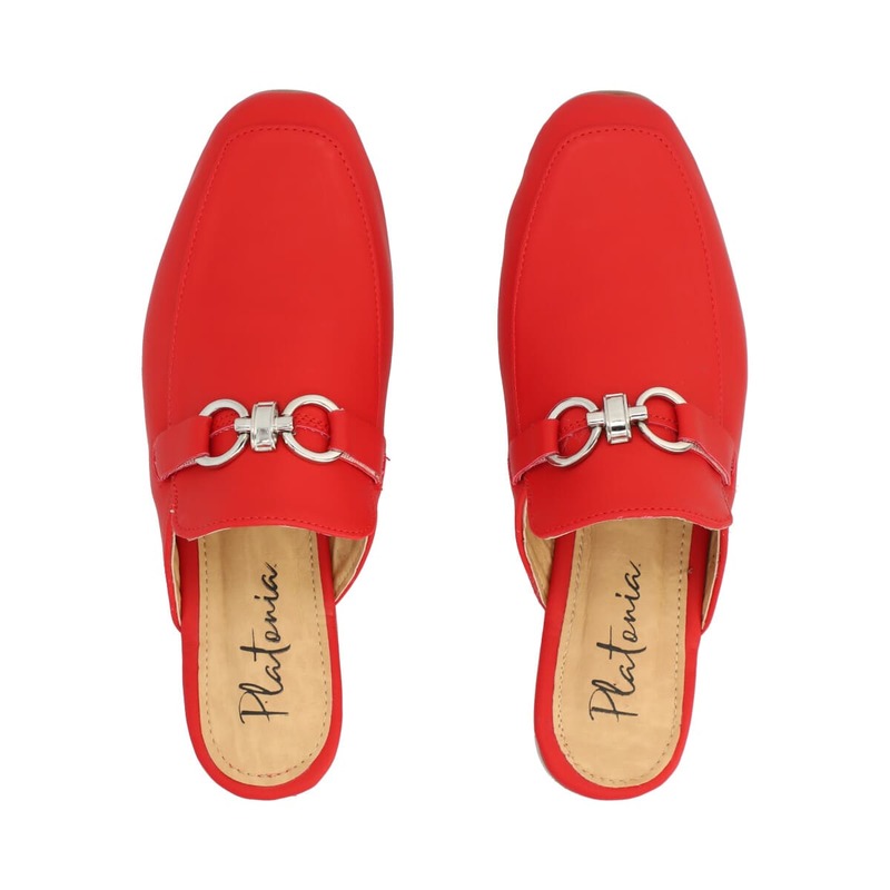 Flat Mule Tipo Mocasín Punta Cuadrada Para Mujer Color Rojo