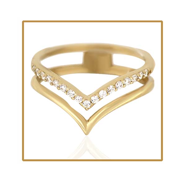 Anillo para Dama Falange Doble con Linea Lisa y Linea con Circonias Blancas en Pico en Oro de 14 K + Obsequio