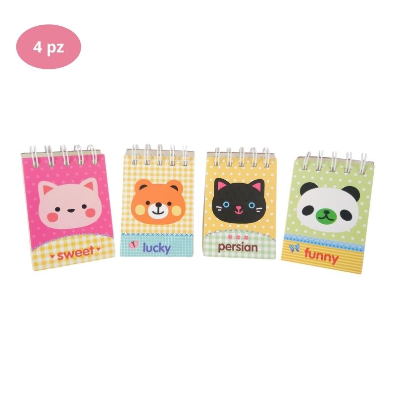 Pack 4 Mini Libretas de Notas Diseño Animalitos, LBP, Gato, Oso, Panda, 10cm (4in) -Colores