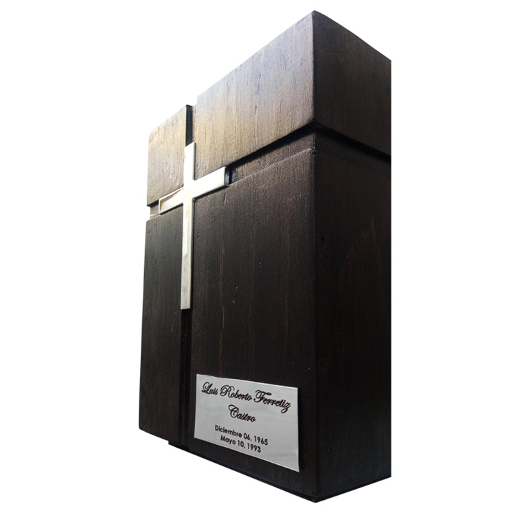 Urna Funeraria Para Cenizas Libertad De Madera Con Cruz Grande Niquelada Incrustada