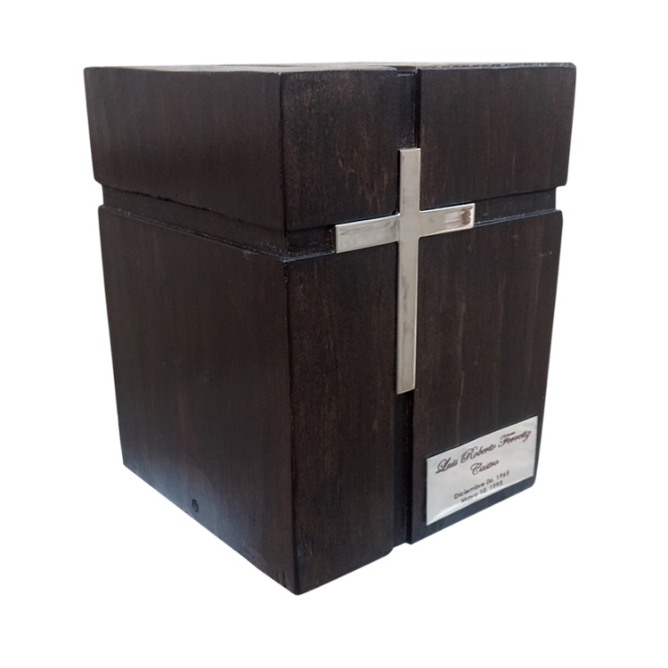 Urna Funeraria Para Cenizas Libertad De Madera Con Cruz Grande Niquelada Incrustada