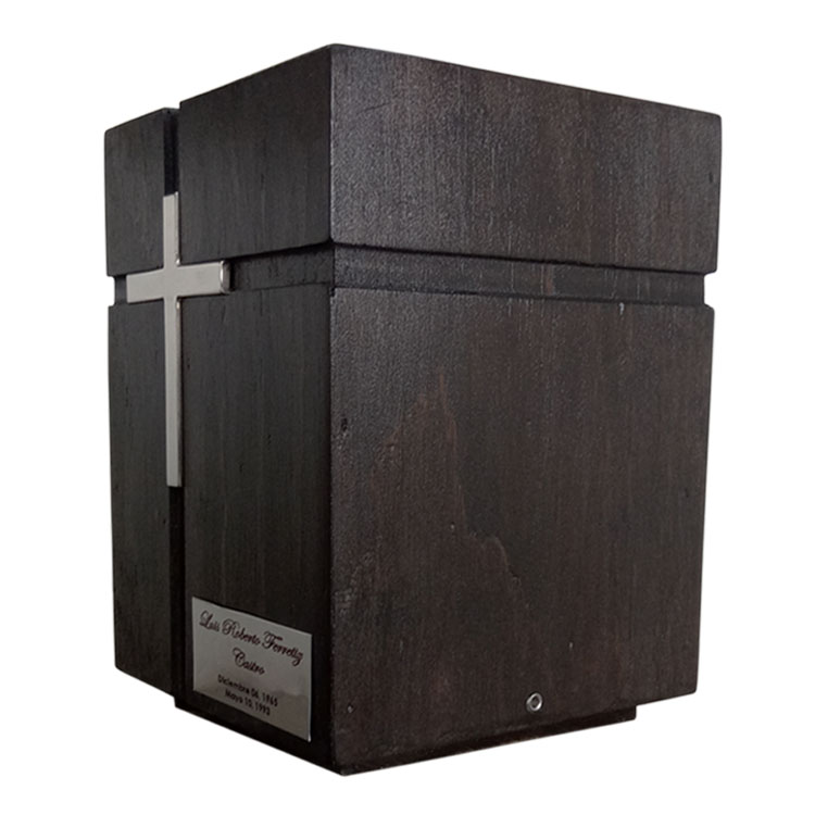Urna Funeraria Para Cenizas Libertad De Madera Con Cruz Grande Niquelada Incrustada