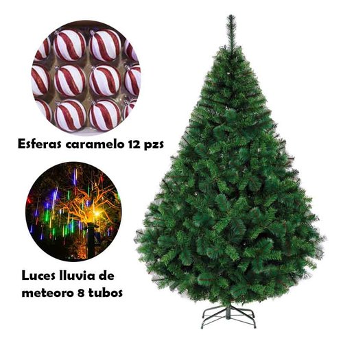  Paquete Arbol Pino Navidad Voluminoso Frondoso 2.2m Naviplastic California Verde  + Esferas + Luces meteoro