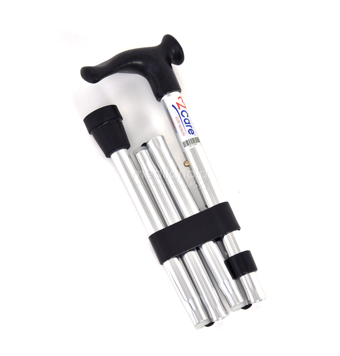 Bastón plegable agarre ergonómico, para agarre con mano derecha, aluminio pulido, 2CARE