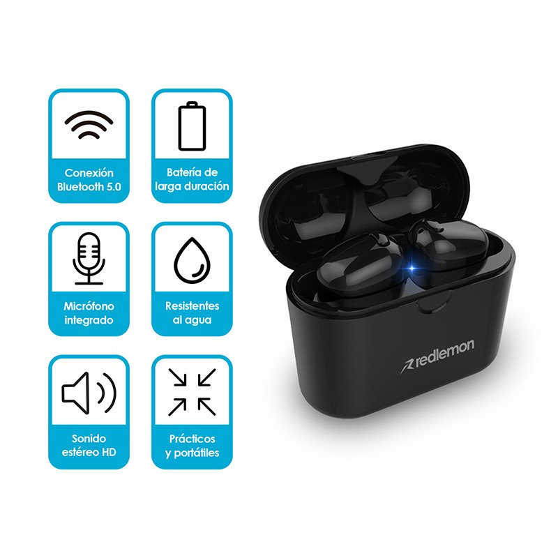 Redlemon Audífonos Bluetooth 5.0 Inalámbricos TWS con Base de Carga, Sonido High Definition, Resistentes a Salpicaduras de Agua y Polvo IP54, Manos Libres, Batería Recargable de Larga Duración