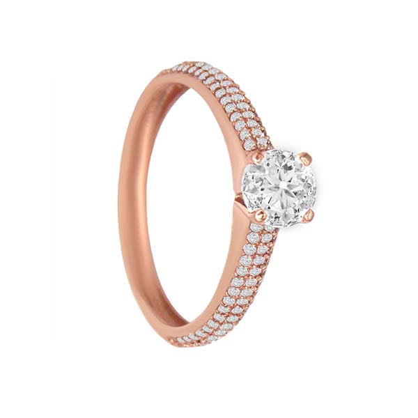 Anillo Solitario con Pavé en cuerpo y una Sola Circonia en Talla Redonda en Oro Rosa de 14 K + Obsequio