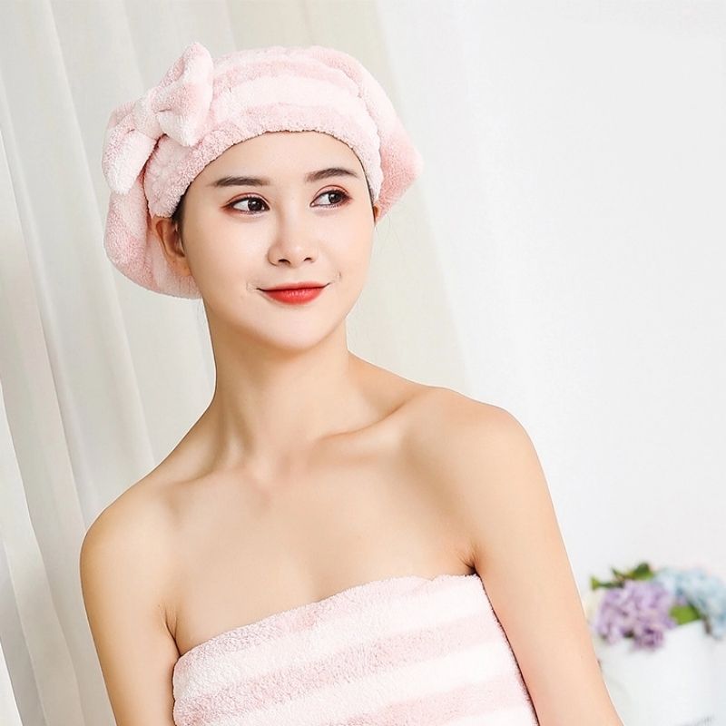 Toalla Gorra de Ducha para Cabello, LBP, Felpa Suave, Rayas Moño, 27cm (10.6in) -Rosa
