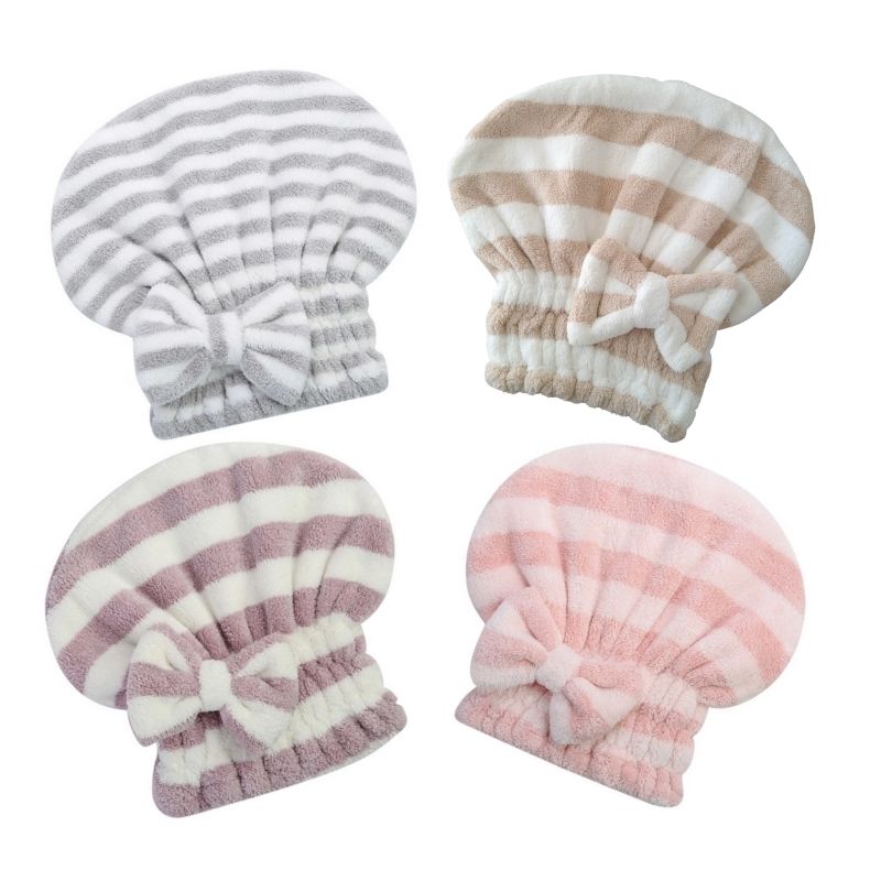 Toalla Gorra de Ducha para Cabello, LBP, Felpa Suave, Rayas Moño, 27cm (10.6in) -Rosa