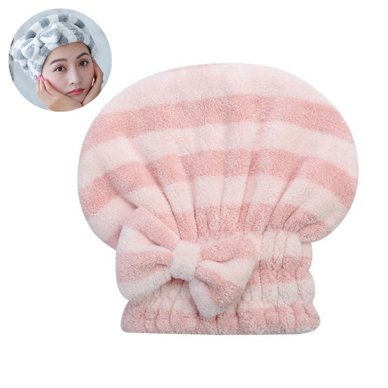 Toalla Gorra de Ducha para Cabello, LBP, Felpa Suave, Rayas Moño, 27cm (10.6in) -Rosa