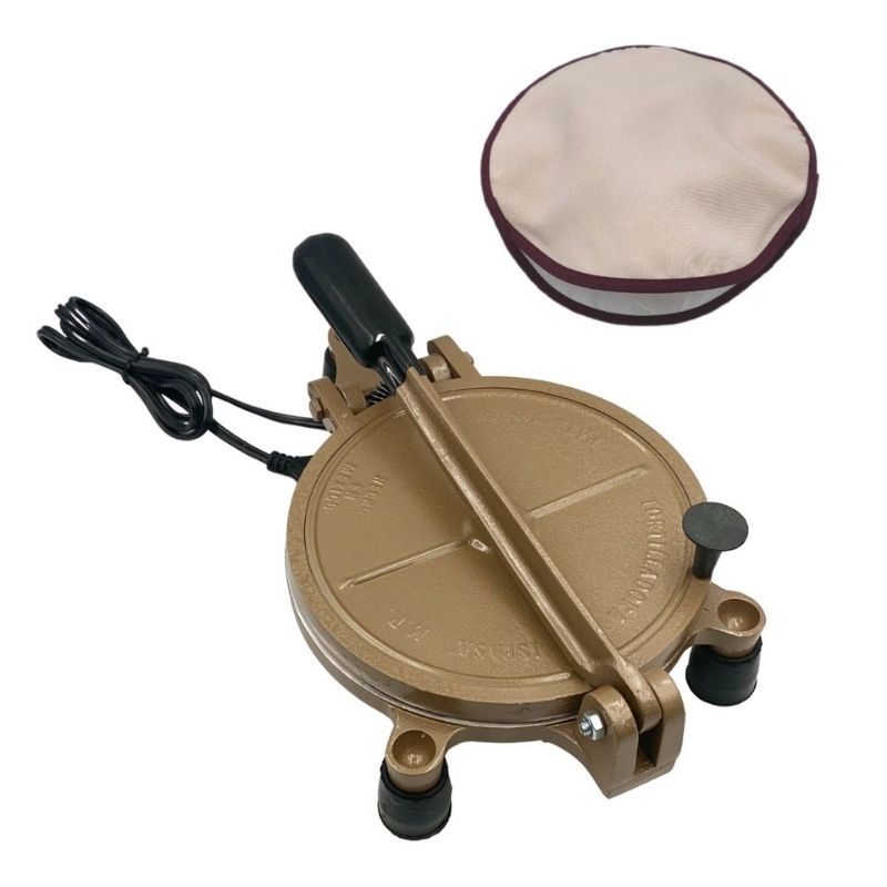 Prensa Eléctrica para Tortillas de Harina, 20cm (8") de Diámetro Color Café + Tortillero de 25cm de Diámetro Color Arena.