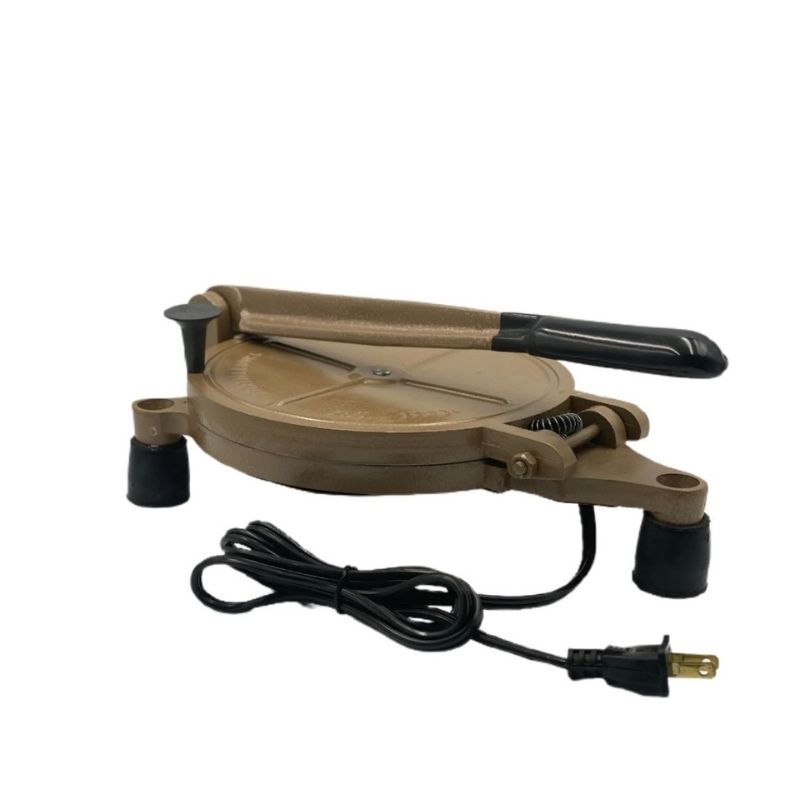 Prensa Eléctrica para Tortillas de Harina, 20cm (8") de Diámetro Color Café + Tortillero de 25cm de Diámetro Color Arena.