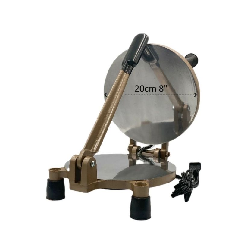 Prensa Eléctrica para Tortillas de Harina, 20cm (8") de Diámetro Color Café + Tortillero de 25cm de Diámetro Color Arena.