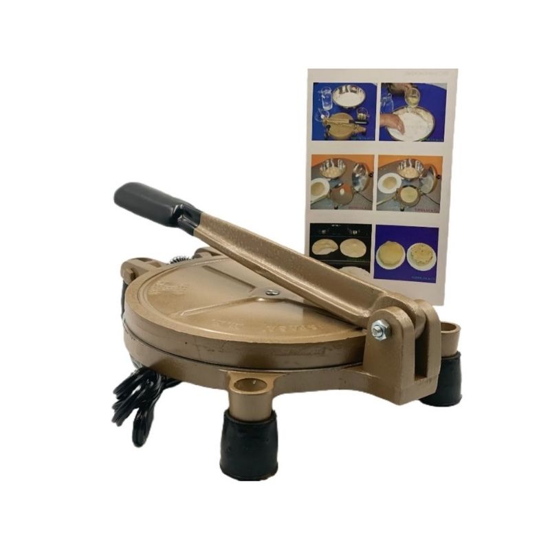 Prensa Eléctrica para Tortillas de Harina, 20cm (8") de Diámetro Color Café + Tortillero de 25cm de Diámetro Color Arena.