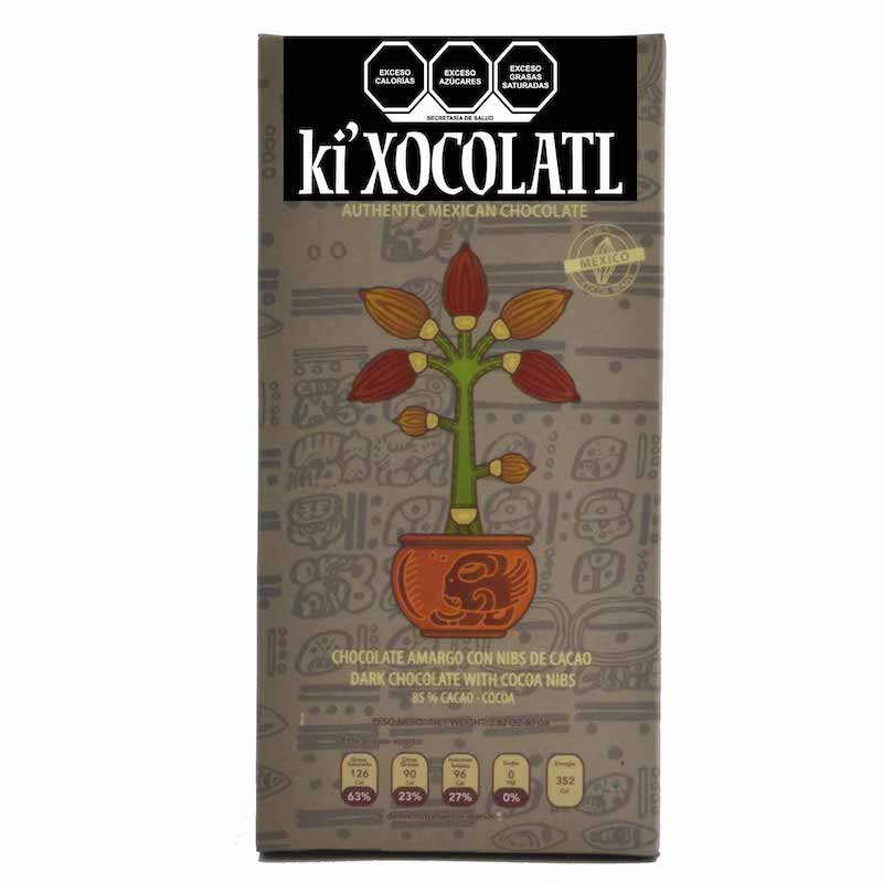 CHOCOLATE  AMARGO CON NIBS DE CACAO 80g KI XOCOLATL GRIS (6 BARRAS)