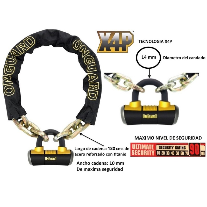 Cadena Con Candado Onguard 8019L Refuerzo Titanio Bici Moto 180 Cms Seguridad 90