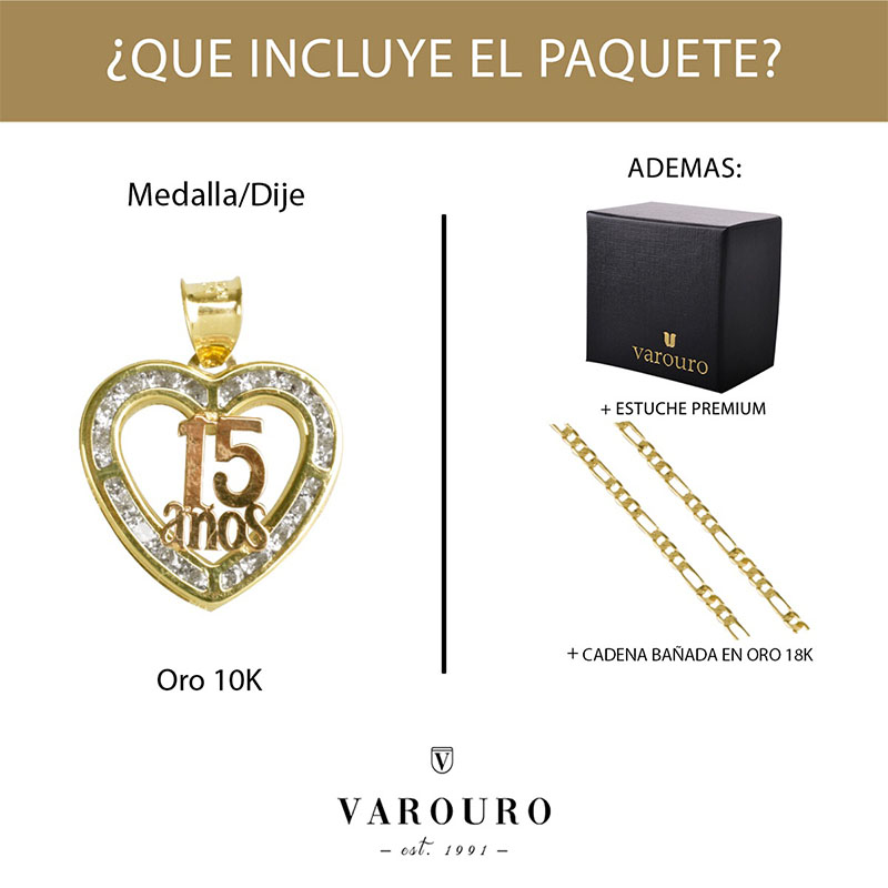 Medalla 15 Años Corazon VAROURO  Oro 10k Y Hermosa Cadena De Regalo.
