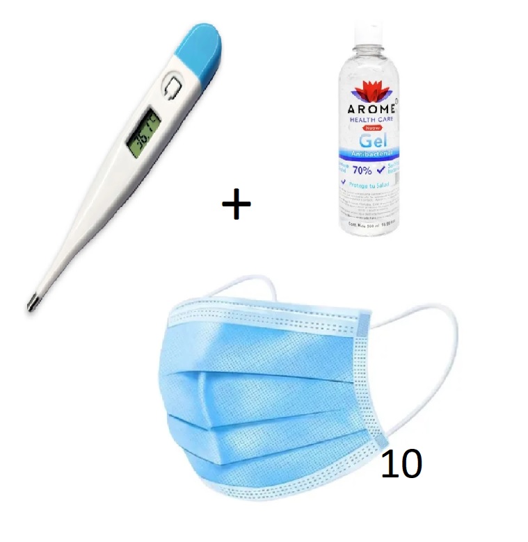 Paquete Termómetro Digital+ Gel antibacterial 125 ml + 10 Cubrebocas Tricapa 