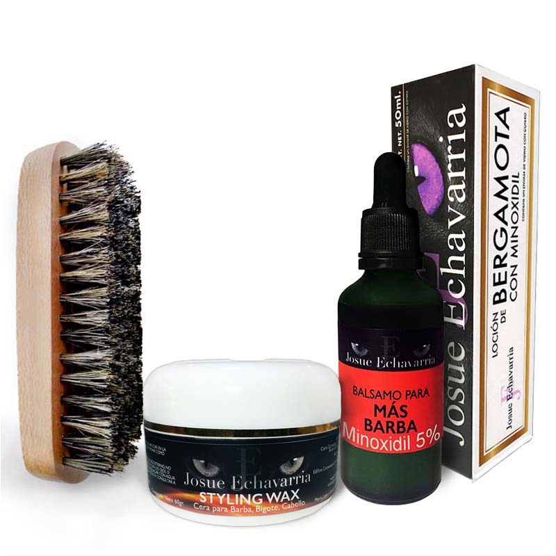 Tratamiento para cabello y barba bergamota con MINOXIDIL 5%, Cera modeladora y Cepillo de madera color café  Josue Echavarria