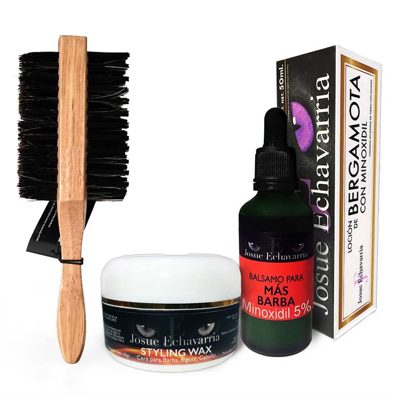  Tratamiento para cabello y barba bergamota con MINOXIDIL 5%, Cera modeladora y Cepillo doble Cara  Josue Echavarria 