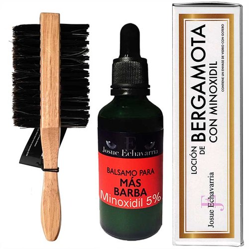 Tratamiento para cabello y barba bergamota con MINOXIDIL 5%, y cepillo de madera doble cara Josue Echavarria