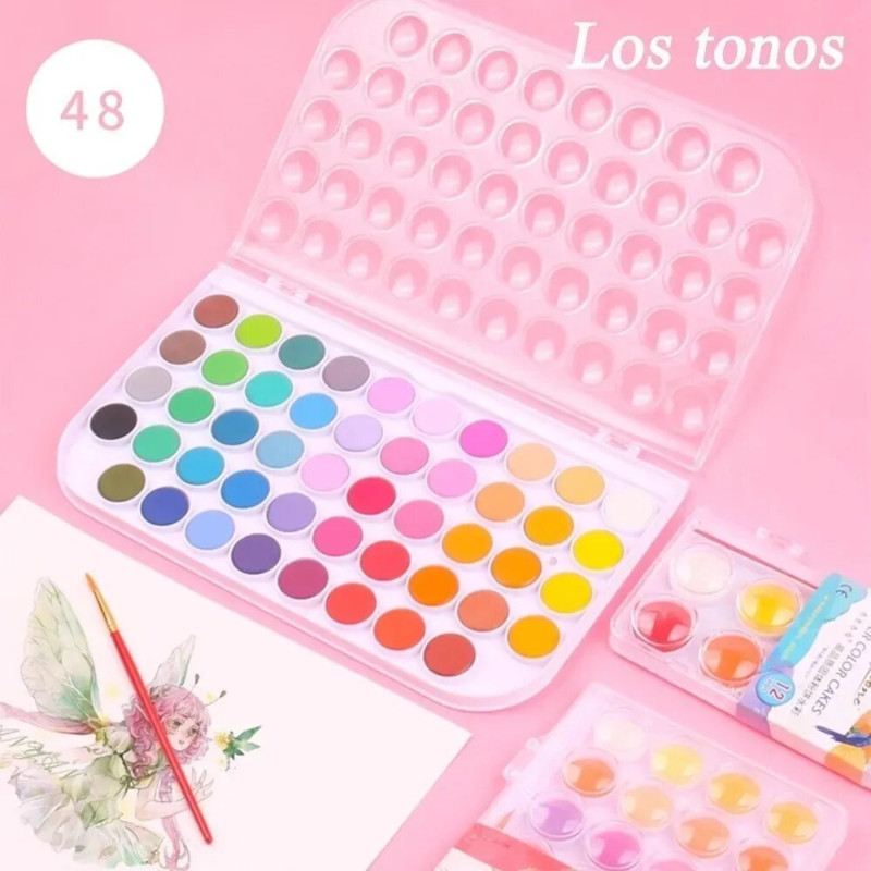 Juego De 48 Acuarelas Sólidas Profesionales Pincel Estuche