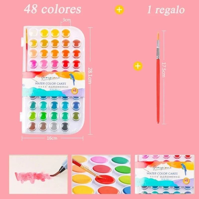 Juego De 48 Acuarelas Sólidas Profesionales Pincel Estuche