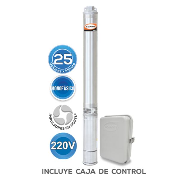 Bomba sumergible Evans para pozo profundo 4" 2HP 25GPM 220V