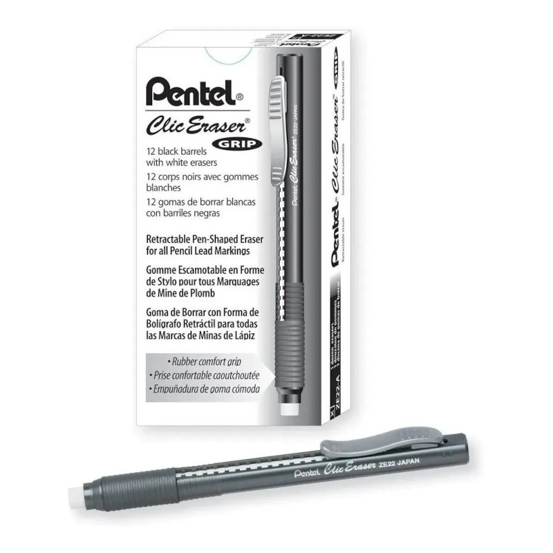 12 Lapices Goma Pentel Clic Grip Borrador De Borrar Reusable