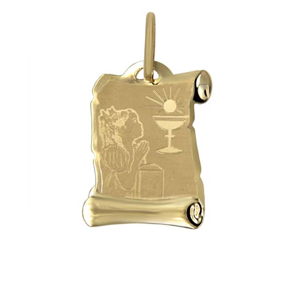 Medalla Pergamino Primera Comunión para Niña Acabado Mate en Oro de 14 K + Obsequio