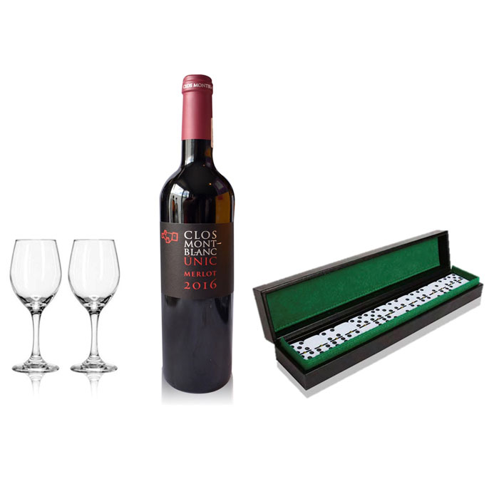 Vino tinto español Clos Montblanc + juego de copas con juego de dominó forrado estilo piel