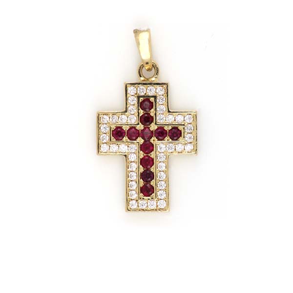 Cruz de Oro Amarillo con Doble Cruz de Circonias Blancas y Rojas en Oro de 14 K + Obsequio