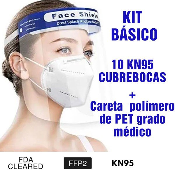 Kit básico 10 cubrebocas KN95 5 Capas + careta protectora certificaciones Ce FDA