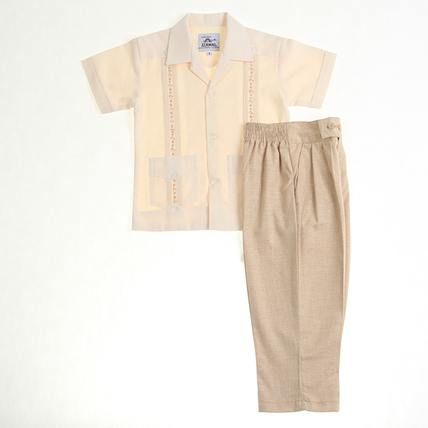 Conjunto de Guayabera Bordada de Lino color Hueso 1 a 6 años.