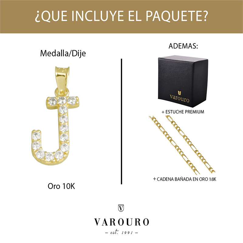 Dije Letra Inicial J  VAROURO | Oro 10k + Cadena Regalo Envío Gratis