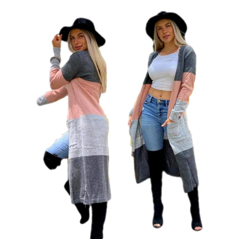 Suéter cárdigan largo mujer ensamble gris con rosa MONY