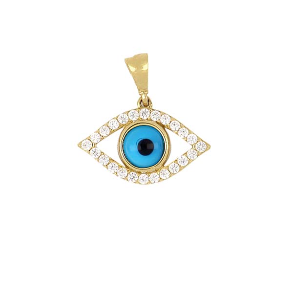Dije de Ojo Azul con Circonias Blancas en Oro Amarillo de 14 K + Obsequio