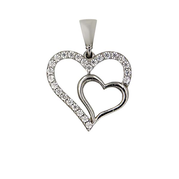 Dije Corazón Doble con Circonias en Oro Blanco de 14 K + Obsequio