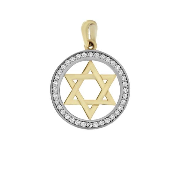 Dije de Estrella de David en Círculo con Circonias en Dos Oros de 14 K + Obsequio