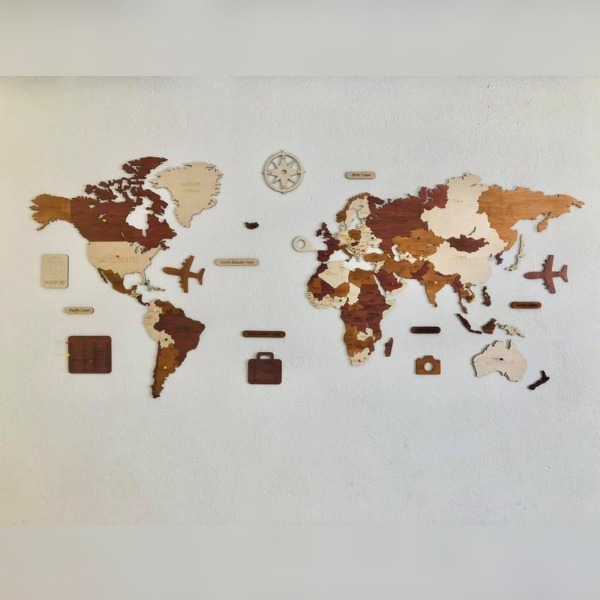 Mapa de madera del Mundo rompecabezas - Tricolor Vintage