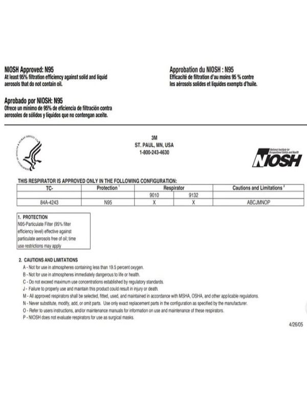 Cubrebocas Mascarilla Respirador N95 3m 9010 Niosh CAJA 50 Piezas