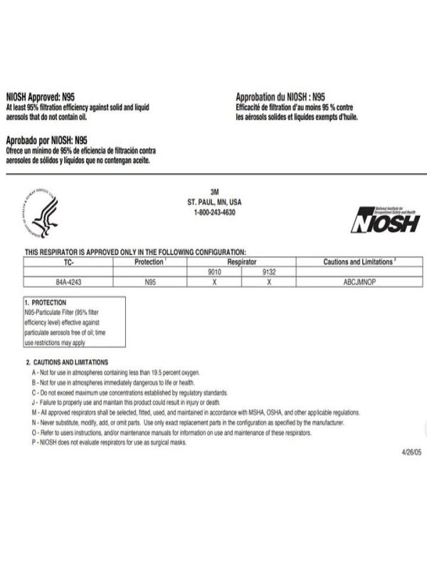 Cubrebocas Mascarilla Respirador N95 3m 9010 Niosh PAQUETE 5 PIEZAS