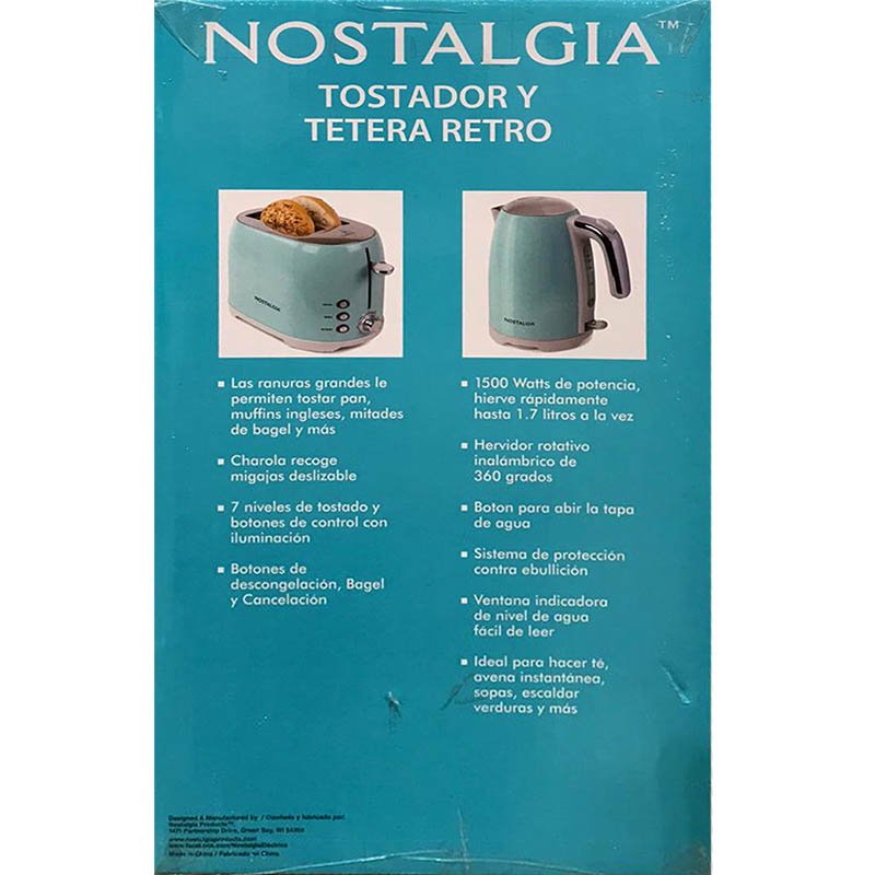 Combo Retro Nostalgia Tostador de 2 Rebanadas Y Tetera, hervidora de agua de  1,7 L. azul.