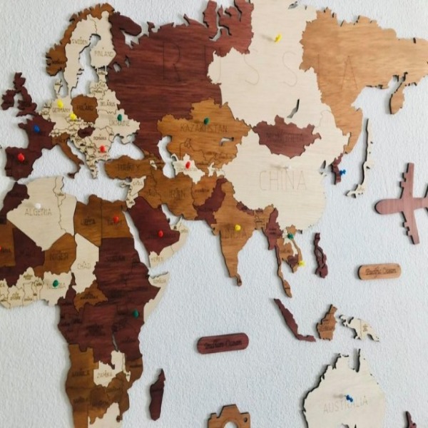 Mapa de madera del Mundo rompecabezas - Tricolor Vintage