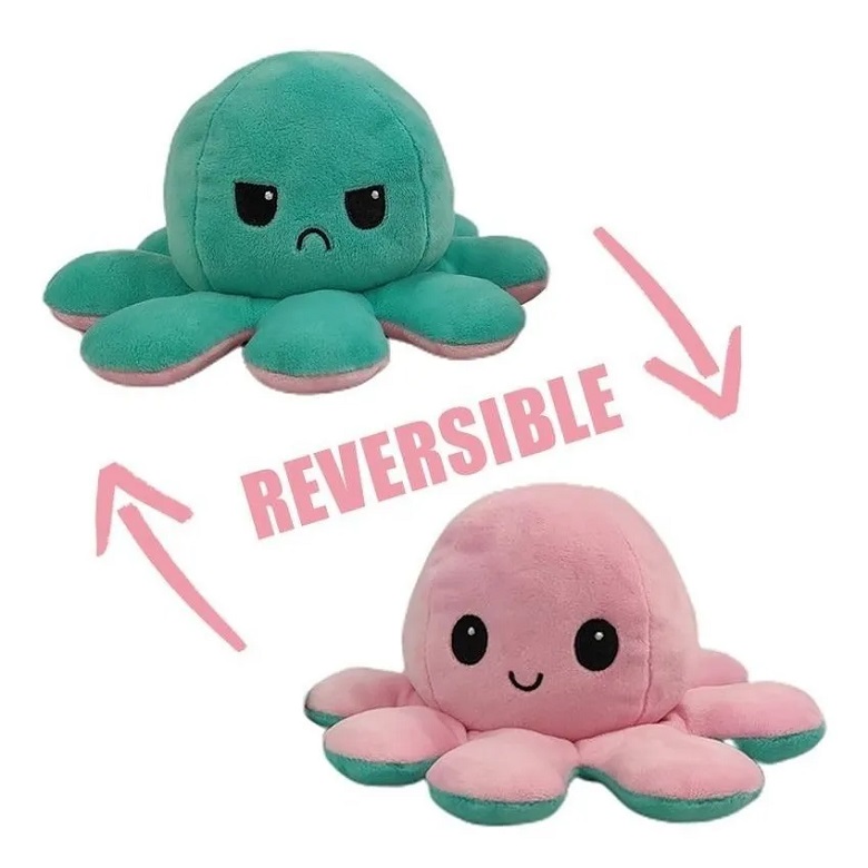 Peluche Pulpo Reversible Feliz Enojado Pulpito ROSA VERDE