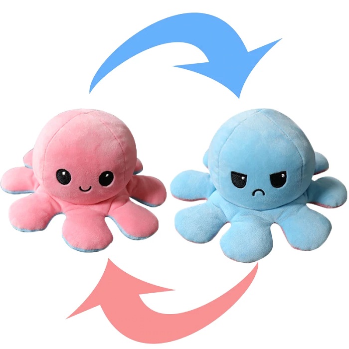 Peluche Pulpo Reversible Feliz Enojado Pulpito ROSA-AZUL CLARO